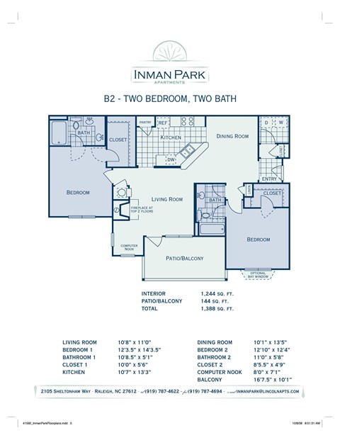 Floor plan for 2 beds, 2 baths, 1244 sqft